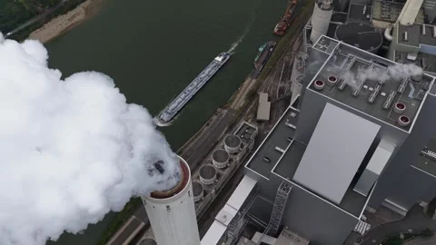 Large scale power plant in Mannheim, Smoking chimney, smoke stack. Stock Footage 320597607