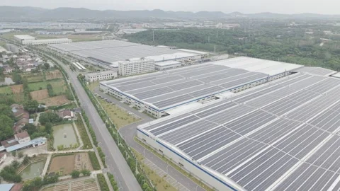 Large Scale Rooftop Solar System on Factory Aerial View Stock-Footage 345011051