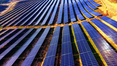 Large scale solar farm rows under golden light, Bulgaria Stock Footage 341758957