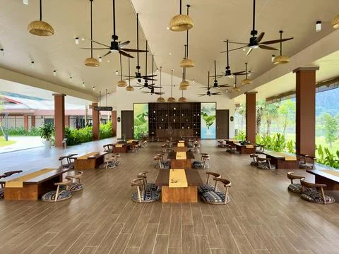 Large scale tea ceremony hall with symmetrical design and traditional rattan Stock Photos