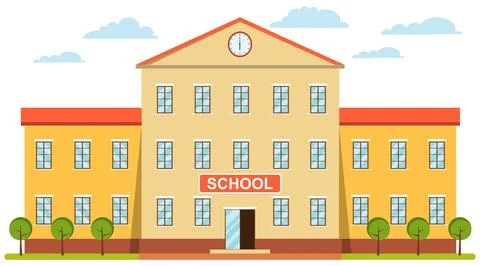 Large school building flat vector illustration with green trees clouds Stock Illustration