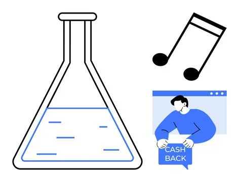 Large science flask filled with liquid, a black music note, and a man in a we Stock Illustration