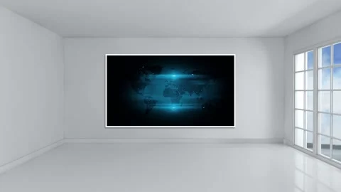 Large screen with animated world map in a white room. Mockup. Video stock 194545773