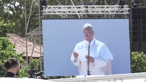 Large Screen Broadcasting Live Pope's Speech in Tenerife Stock Footage 343460706