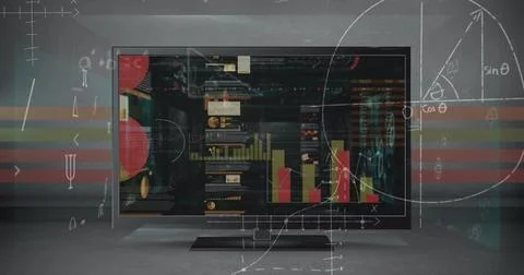 A large screen displaying colorful graphics, dominating classroom Stock Photos