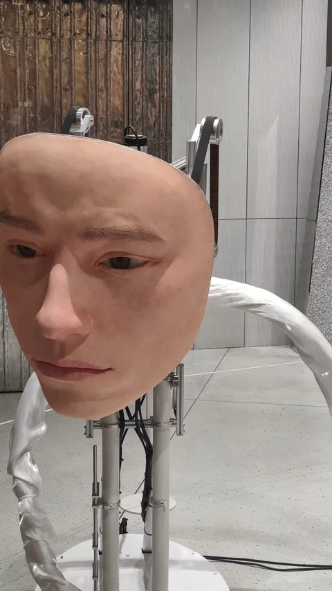 Large sculptural robotic head with lifelike skin texture Stock Footage 345335136