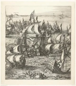 The large sea battle at Duins (plate 4), 1639; Pugna Navalis in Hispanos V... Stock Photos