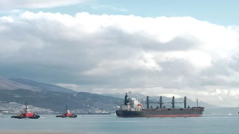 A large sea cargo ship overtakes two small towing boats in the port Stock Footage 102680904