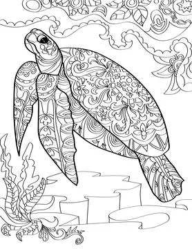 Large Sea Turtle Below The Ocean Swimming Upward Colorless Line Drawing. Huge イラスト素材