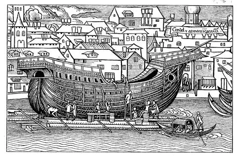 A large seagoing ship under construction of the Hanseatic League of Cities in Stock Illustration