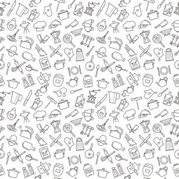 A large seamless pattern on the theme of the kitchen with various elements of Stock Illustration