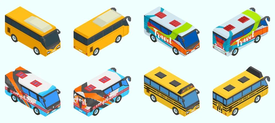 A large selection of buses in different versions Stock Illustration
