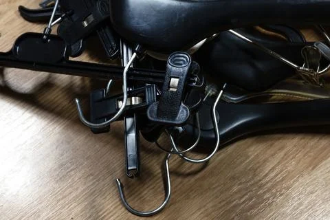 A large selection of clothes hangers. Stockfoto's