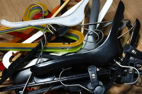 A large selection of clothes hangers. Stockfoto's