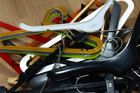 A large selection of clothes hangers. Stockfoto's