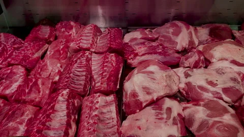 Large selection of fresh raw meat in supermarket refrigerator for sale. Stock Footage 263211773