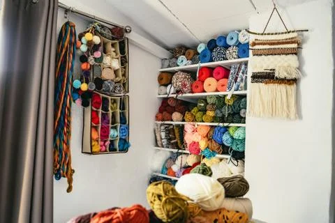 Large selection of multicoloured yarns for weaving Stock Photos
