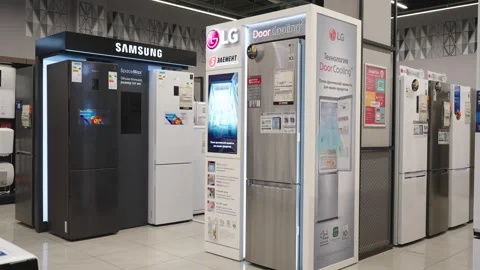 Large selection of Refrigerators in the electronics store. Minsk, Belarus, 2023 Stock Footage 256610491