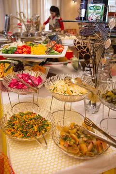 A large selection of salads in the buffet restaurant Stock Photos