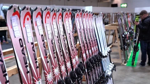 Large selection of skis in store. Stock Footage 82239567