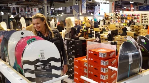 Large selection of snowboards in the store Stock Footage 82239992