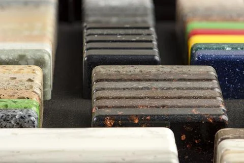 Large selection of stone samples for countertops and floors. Pieces of Stock Photos