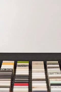 Large selection of stone samples for countertops and floors. Pieces of Stock Photos