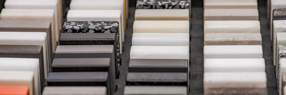Large selection of stone samples for countertops and floors. Pieces of Stock Photos