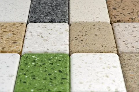 Large selection of stone samples for countertops and floors. Pieces of Stock Photos