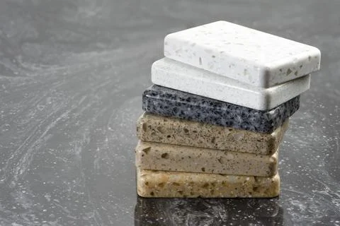 Large selection of stone samples for countertops and floors. Pieces of Stock Photos