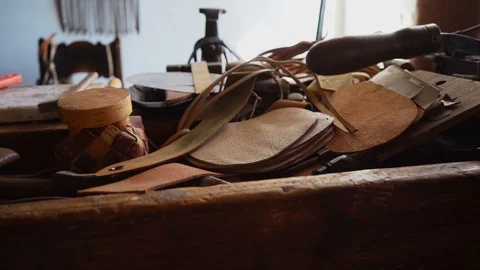 Large selection of tools for processing genuine leather. Video stock 114822044
