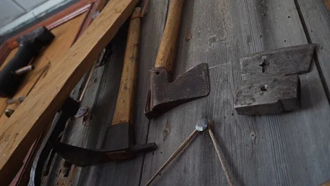 Large selection of woodworking tools for building and maintaining boats Video stock 114822592
