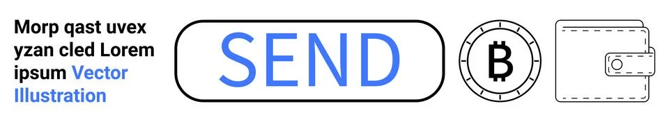 Large Send button, Bitcoin symbol, wallet icon, text. Ideal for fintech apps, 스톡 일러스트