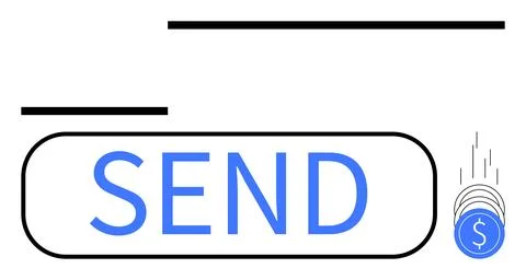 Large SEND button with overlapping coin icons indicating financial transact.. Illustrazione stock