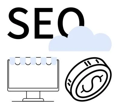 Large SEO text, blue cloud, computer monitor with awning, and coin with dolla イラスト素材