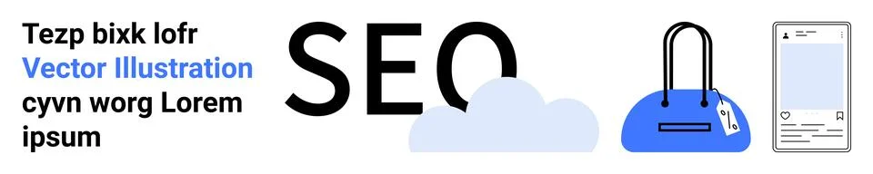 Large SEO text with a cloud icon, shopping bag, and smartphone graphic. Place イラスト素材