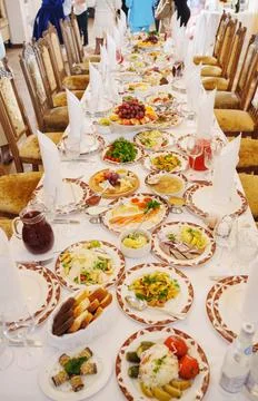 A large served festive table. Stock Photos