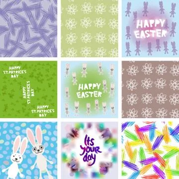 Large set of Abstract grunge texture, floral seamless pattern, Happy Easter card Stock Illustration