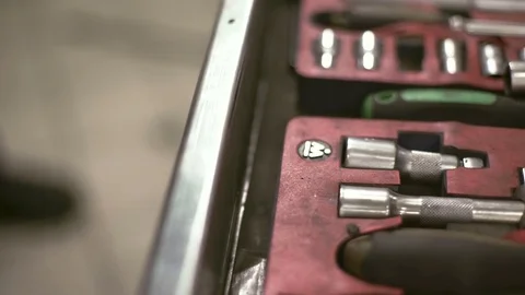 From a large set of automotive tools removed ratchet wrench Stock Footage 71318584