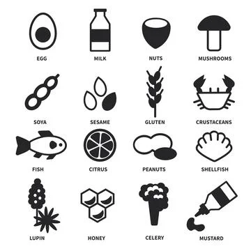 Large set of black and white icons with the main allergens in food Stock-Illustration