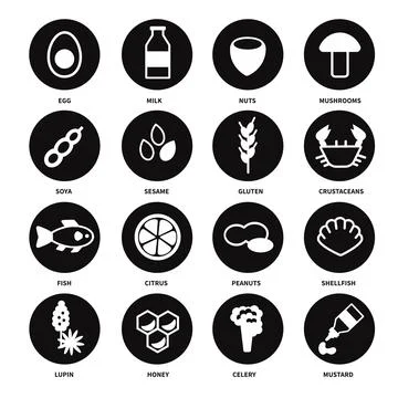 Large set of black and white icons with the main allergens in food Stock Illustration
