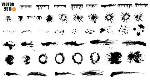 A large set of black ink, ink smears, stains, blots, brushes, lines, rough. B Stock-Illustration