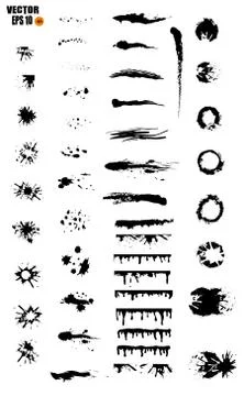 A large set of black ink, ink smears, stains, blots, brushes, lines, rough. B Ilustração Stock