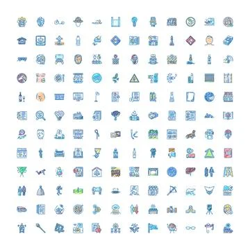 Large set blue doodle scribble icons illustrating various concepts Ilustración de archivo