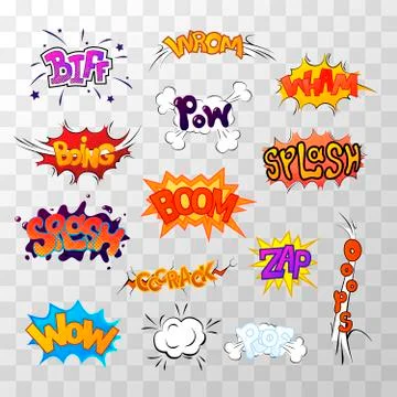 Large set of bright multi colored comic sound effects Stock Illustration