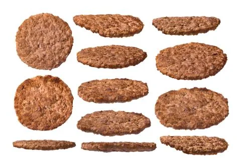 Large set of burger cutlets isolated on white background. Meat from different Stock Photos