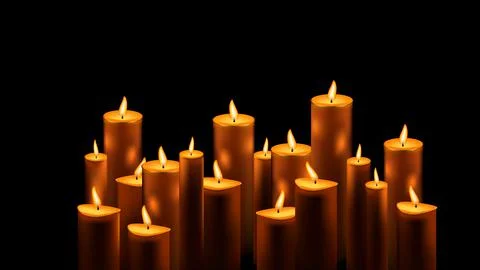 Large set of burning wax candles in center on black background with copy space Stock Illustration
