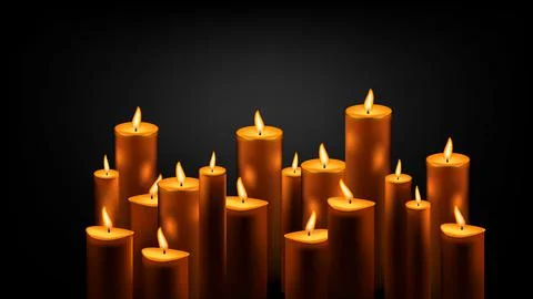 Large set of burning wax candles in center with spot of light on black Stock Illustration