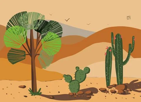 A large set with cacti . digital illustration . 9 elements. Stock Illustration