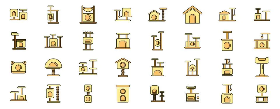Large set of cat trees and scratching posts with hammocks and houses icons Stock Illustration
